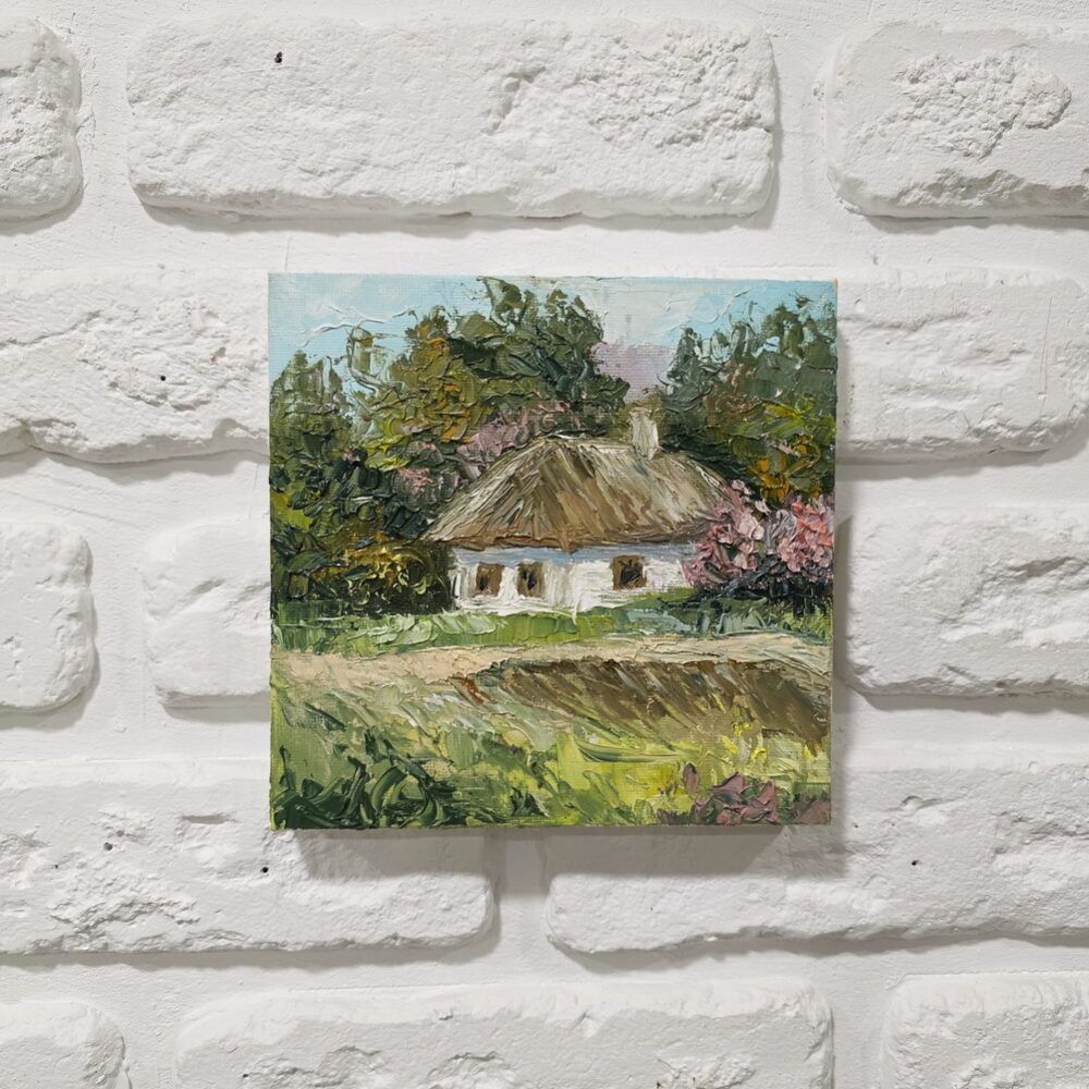 український краєвид картина, купити мініатюри Київ, українське село картина на подарунок іноземцю, село і кури картина, сільське обійстя картина