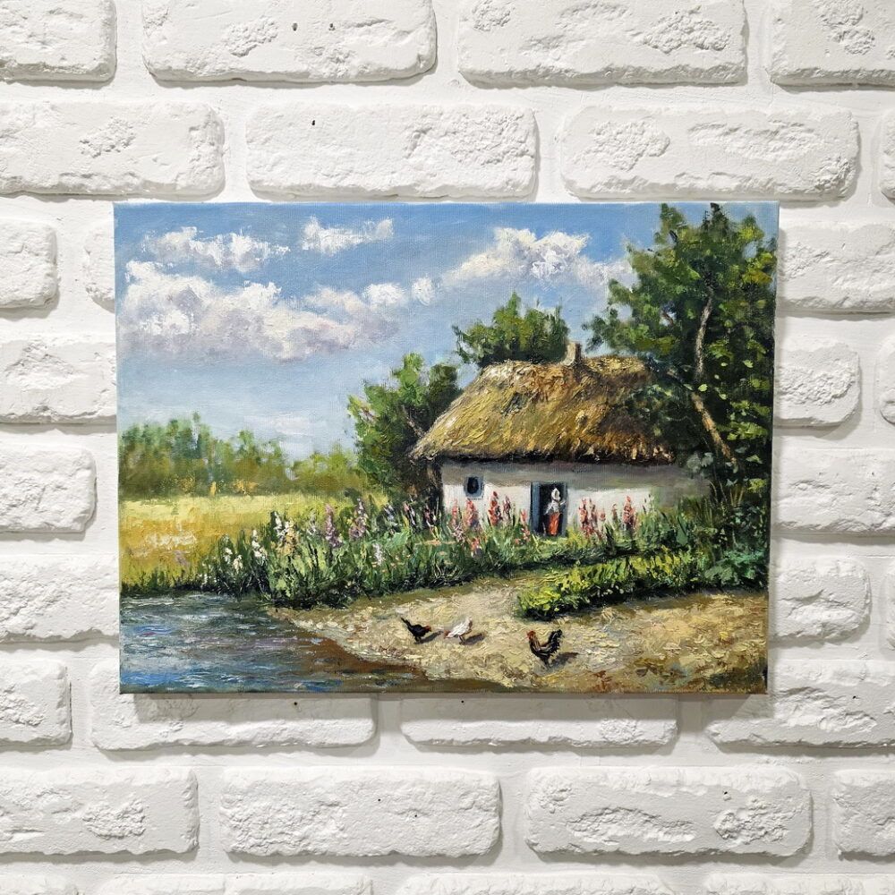 український краєвид картина, купити мініатюри Київ, українське село картина на подарунок іноземцю, село і кури картина, сільське обійстя картина