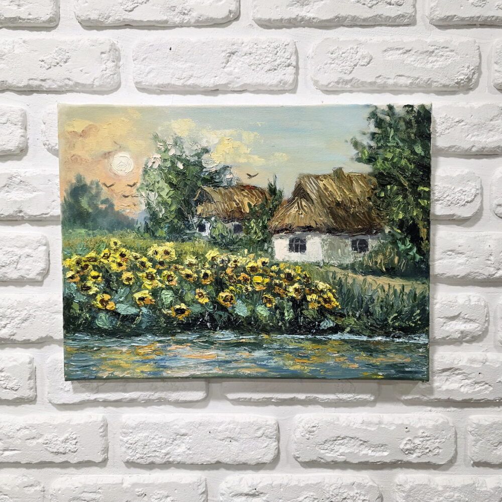 український краєвид картина, купити мініатюри Київ, українське село картина на подарунок іноземцю, село і кури картина, сільське обійстя картина з соняхами