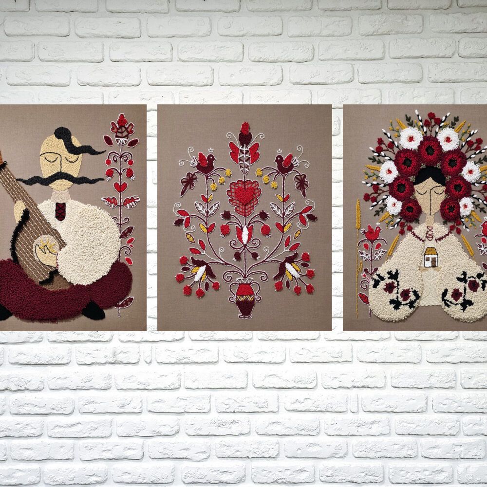 український фольклор картина, берегиня і козак, картина з козаком купити Київ, український живопис, вишита картина оберіг для дому