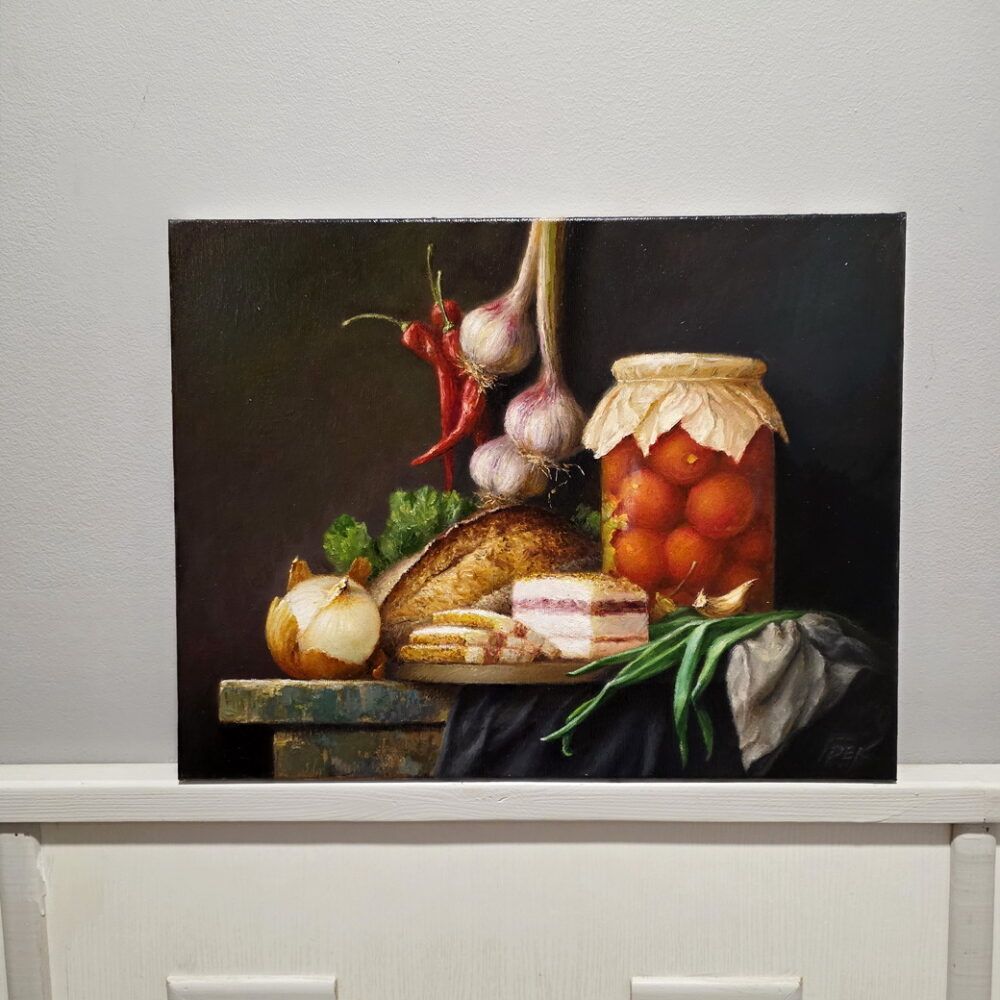 український натюрморт купити Україна, натюрморт з салом купити Київ, український мотив картина на подарунок іноземцю, купити натюрморти на кухню, невеликий натюрморт у темних кольорах