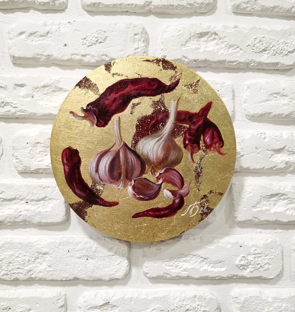 мініатюра картина купити Київ, міні натюрморт купити Україна, часник перець картина купити на кухню, золота картина, золота поталь картина