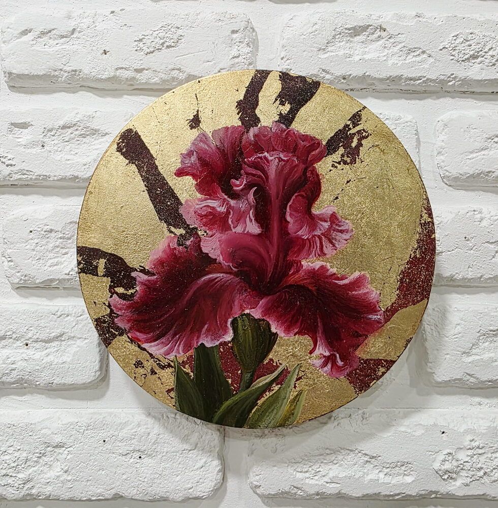 мініатюра картина купити Київ, міні натюрморт купити Україна, часник перець картина купити на кухню, золота картина, золота поталь картина, квіти ірисів картина, іриси картина з квітами