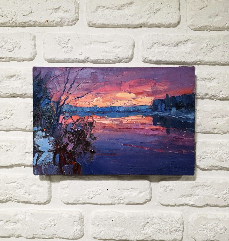 імпрессіонізм картина купити Київ, мініатюра імпрессіонізм пейзаж картина купити Україна, пейзажі картини купити, картина на подарунок купити, вечір картина, зима картина імпрессіонізм