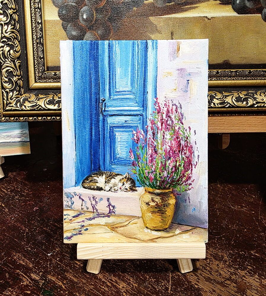 мініатюра картина купити Київ, мінітюрний пейзаж картина купити Україна, міні картина з котиком, картина з котом, кіт картина невелика