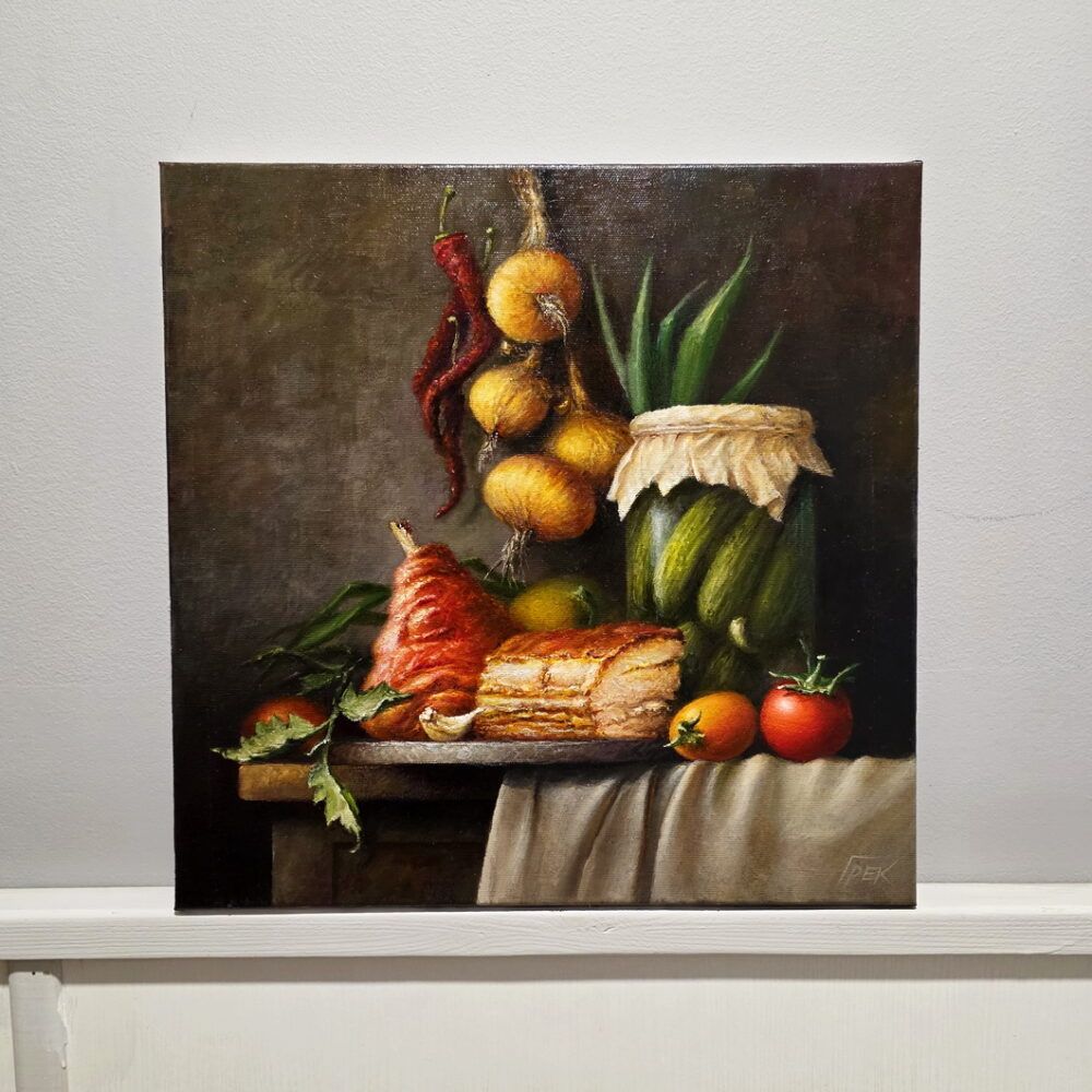 голландсткий натюрморт купити картину на кухню, натюрморт з салом, український натюрморт, смачний натюрморт в українському стилі, картина з їжею, натюрморт реалістичний, натюрморт з їжею