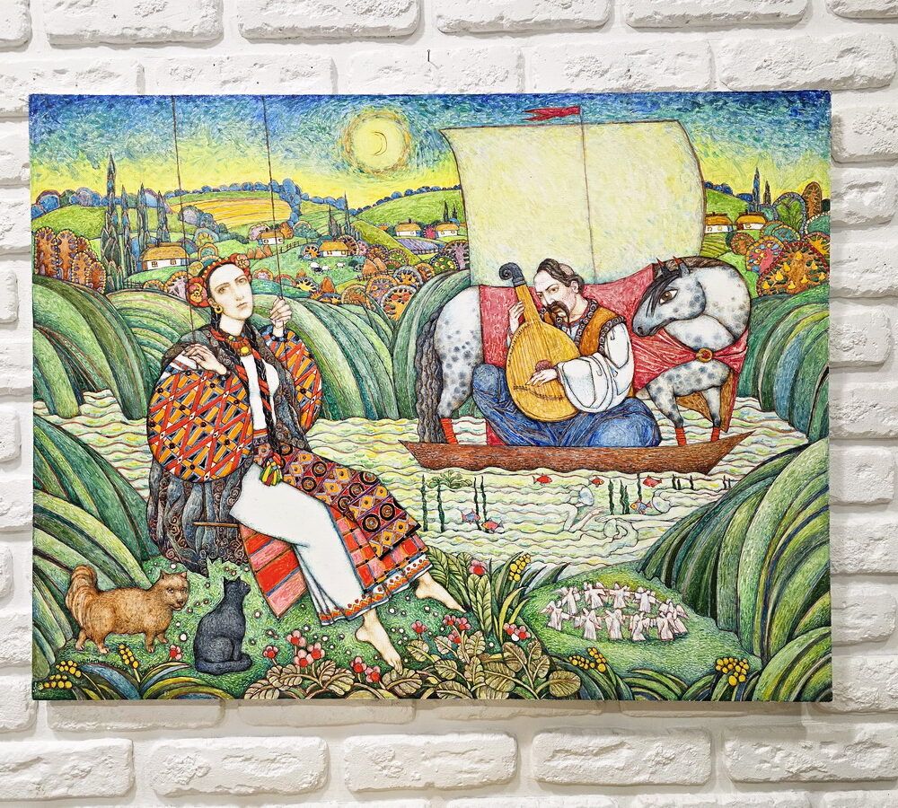 казки картини купити Київ, український фольклор картина купити Україна, українське народне мистецтво, сюрреалізм картина купити сюрреалістичні картини, картина з русалкою, козак картина, козак і дівчина картина